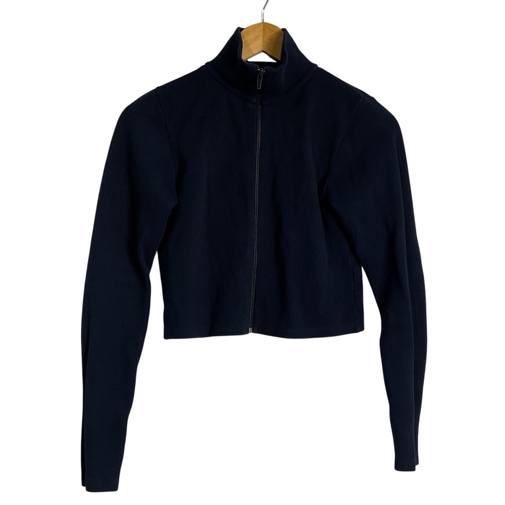 Brandy Melville Navy Blue Ribbed Full Zip Cropped Mock Neck Jacket 100% Cotton